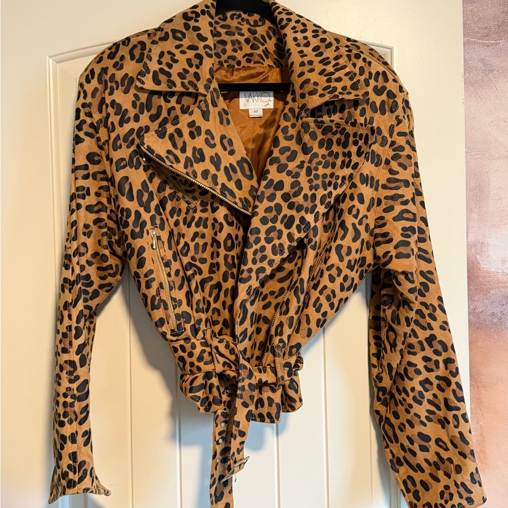 RARE Vintage Vakko Leopard Suede Moto Jacket Cropped Animal Print